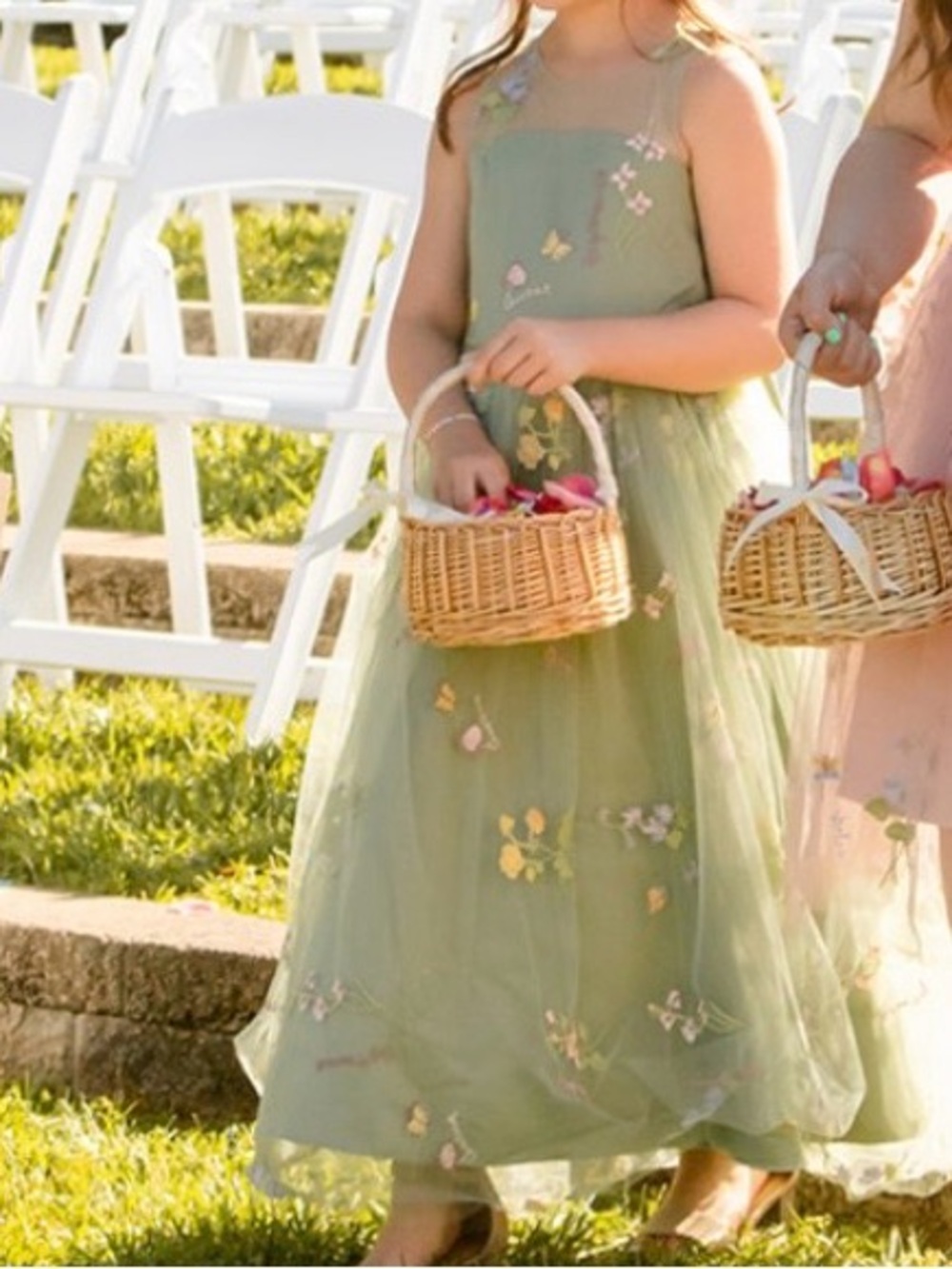 Girls' Sage Green Embroidered Tulle Flower Girl Dress